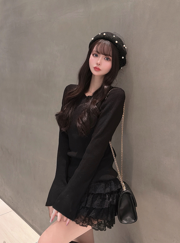 リブフレアスリーブニットトップス