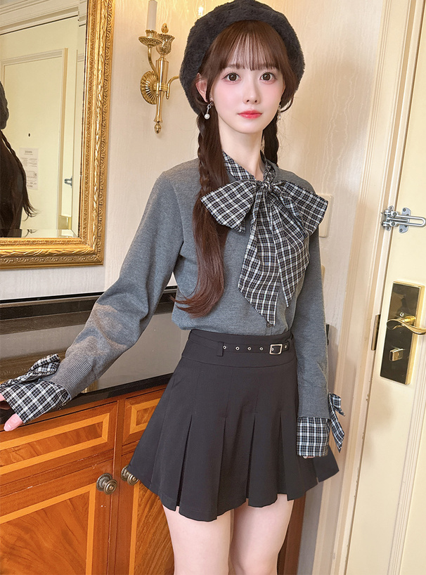 インパン裏地・ベルト付きハイウエストプリーツミニスカート[ai251