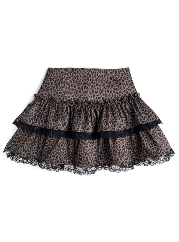 インパン裏地付きレオパード柄レースティアードミニスカート[ai252]