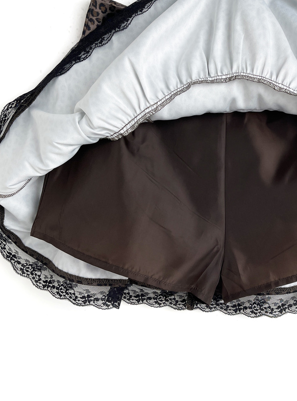 インパン裏地付きレオパード柄レースティアードミニスカート