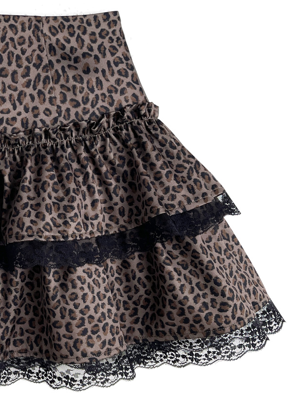 インパン裏地付きレオパード柄レースティアードミニスカート