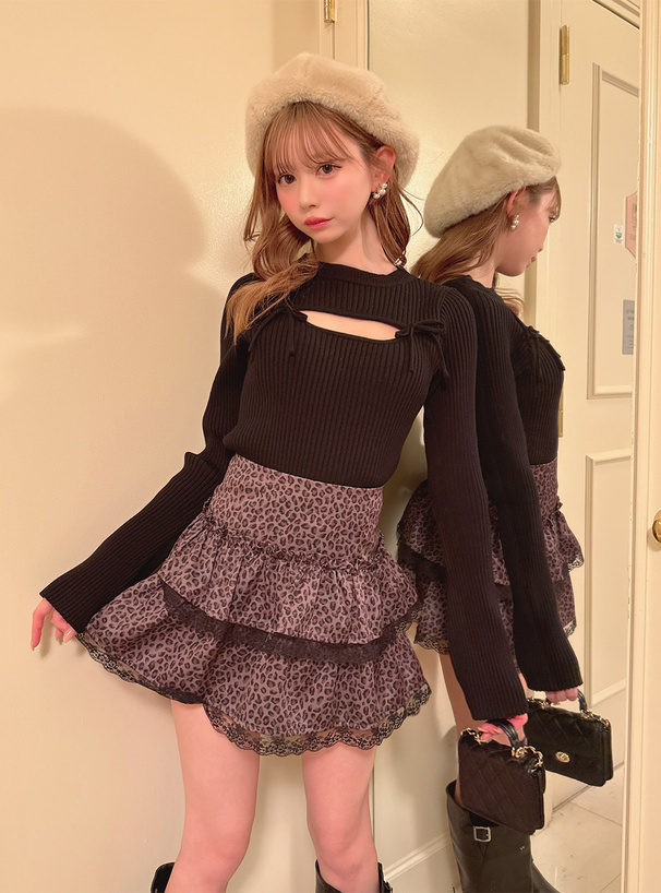 インパン裏地付きレオパード柄レースティアードミニスカート[ai252