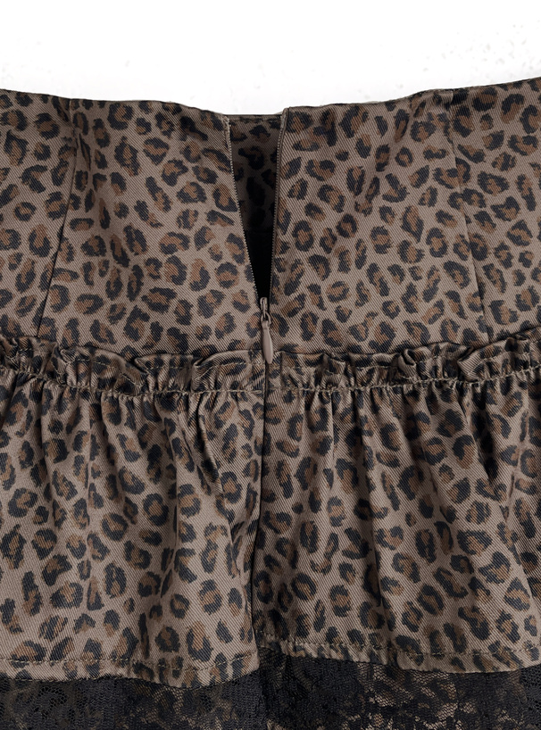インパン裏地付きレオパード柄レースティアードミニスカート