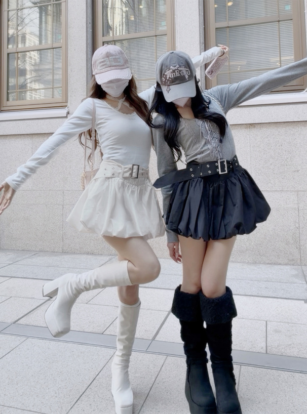 インパン裏地・ベルト付きバルーンミニスカート