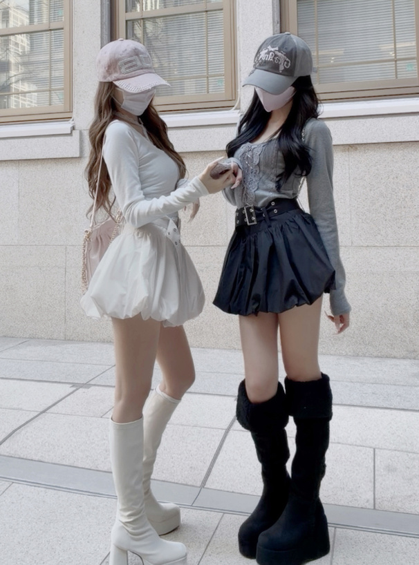 インパン裏地・ベルト付きバルーンミニスカート