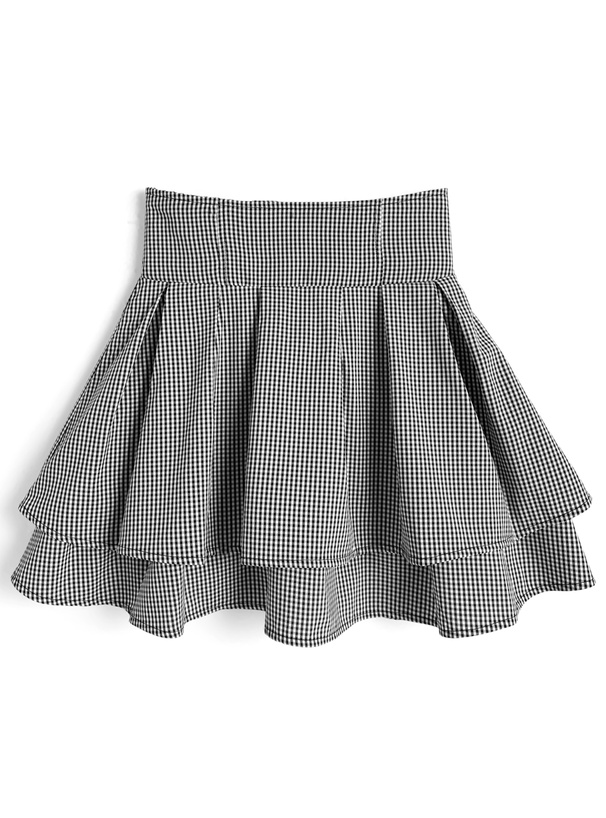 インパン裏地付きギンガムチェック柄ハイウエストダブルフレアスカート