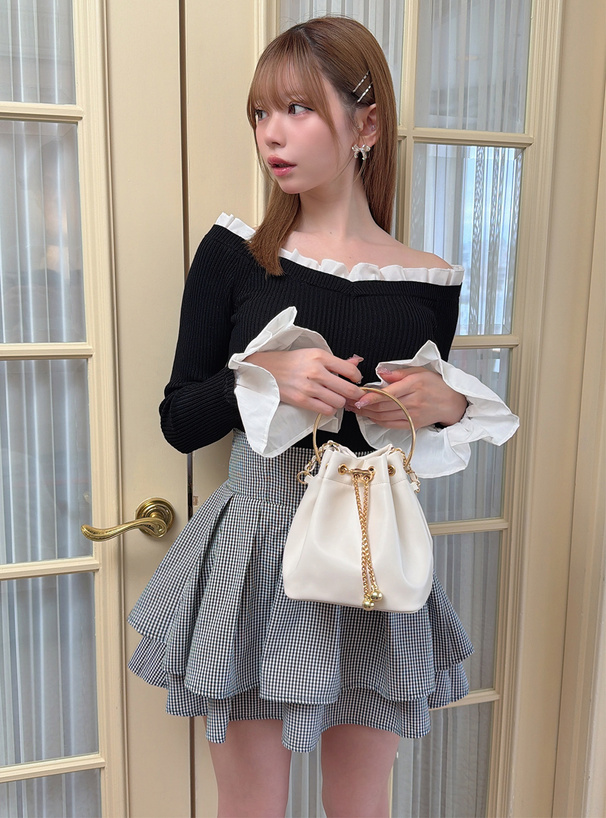 インパン裏地付きギンガムチェック柄ハイウエストダブルフレアスカート