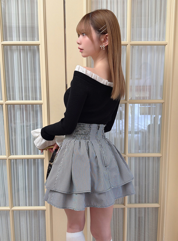 インパン裏地付きギンガムチェック柄ハイウエストダブルフレアスカート