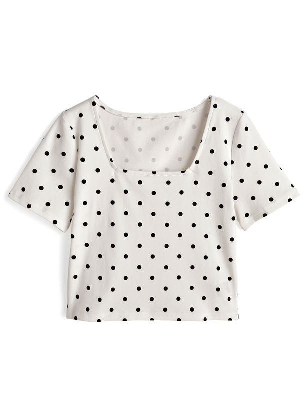 ドット柄スクエアネックショート丈Tシャツ