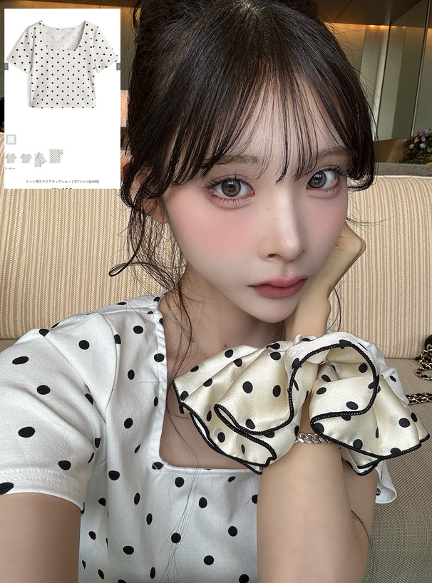 ドット柄スクエアネックショート丈Tシャツ[ai290] | レディース