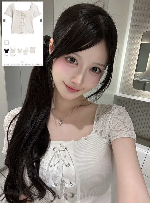 レーススリーブレースアップスクエアネックトップス