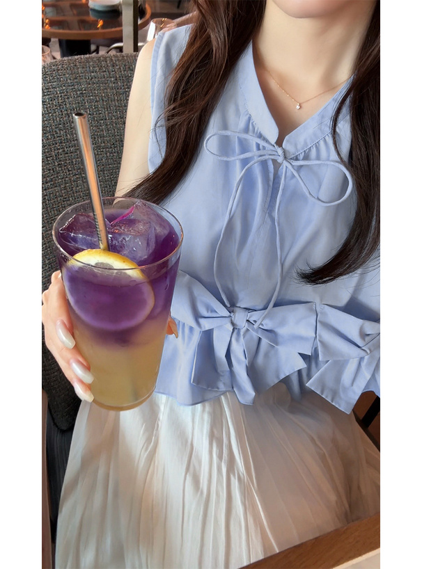リボンフリルノースリーブブラウス