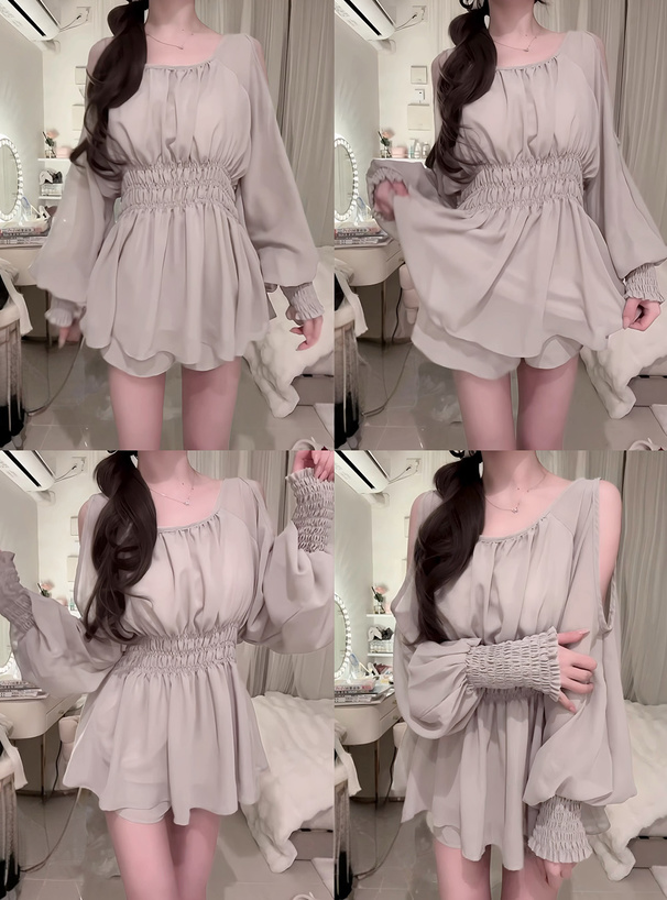 オープンショルダーチュニック×ショートパンツセットアップ