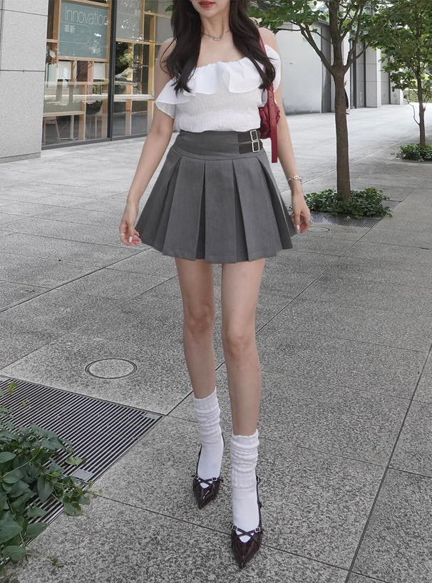 インパン裏地付きダブルベルトプリーツミニスカート[al288
