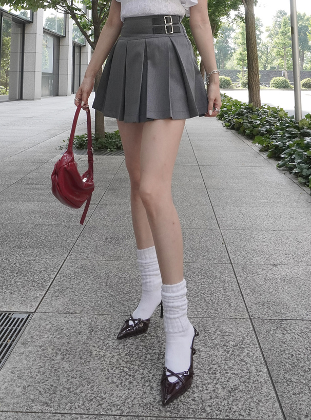 インパン裏地付きダブルベルトプリーツミニスカート