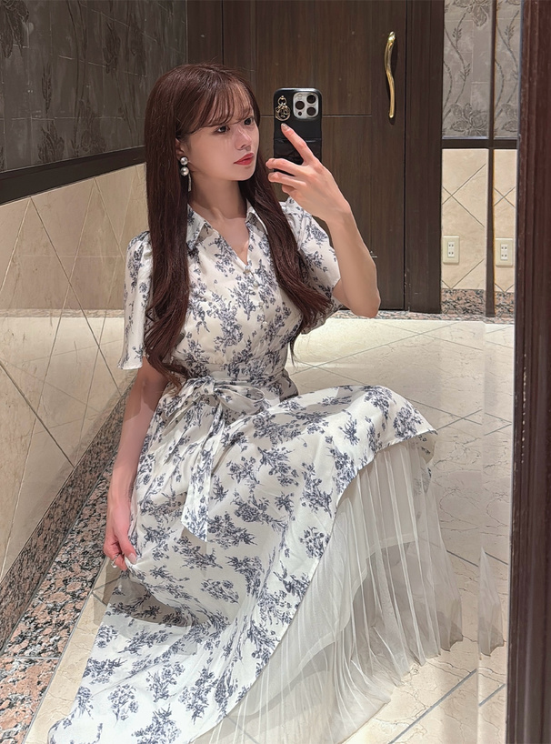裾チュールプリーツ花柄ワンピース