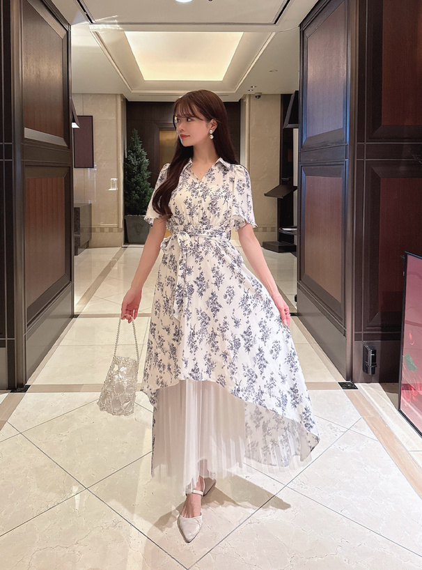 裾チュールプリーツ花柄ワンピース