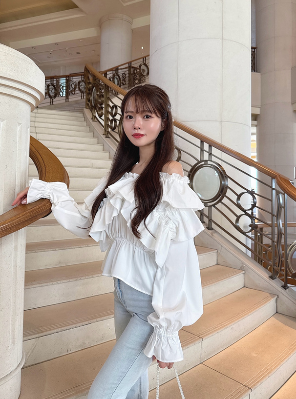 2Wayショルダーオープンクロスフリルブラウス