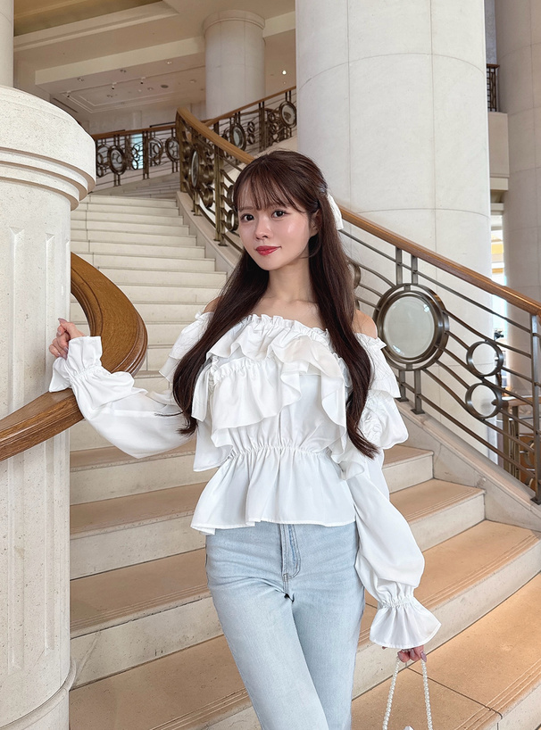 2Wayショルダーオープンクロスフリルブラウス