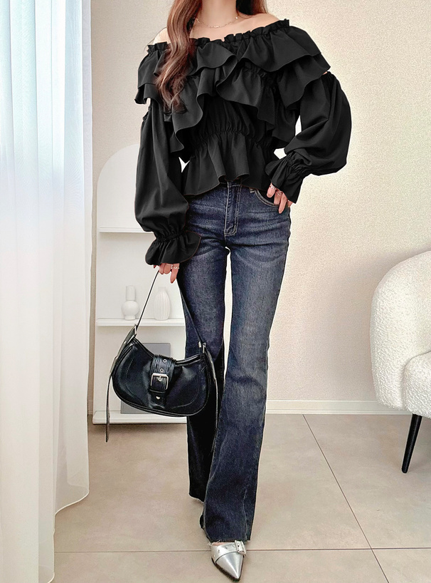 2Wayショルダーオープンクロスフリルブラウス