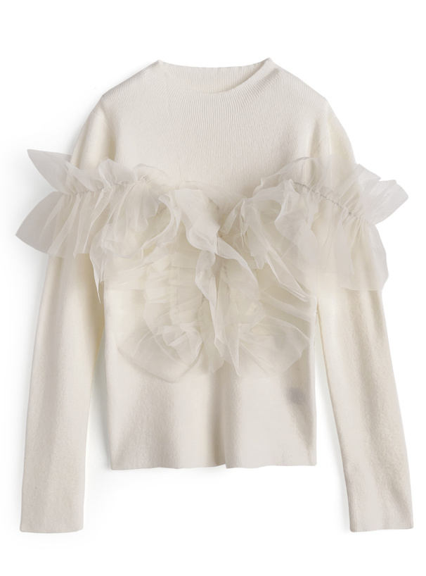 チュールフリルドッキングニットトップス
