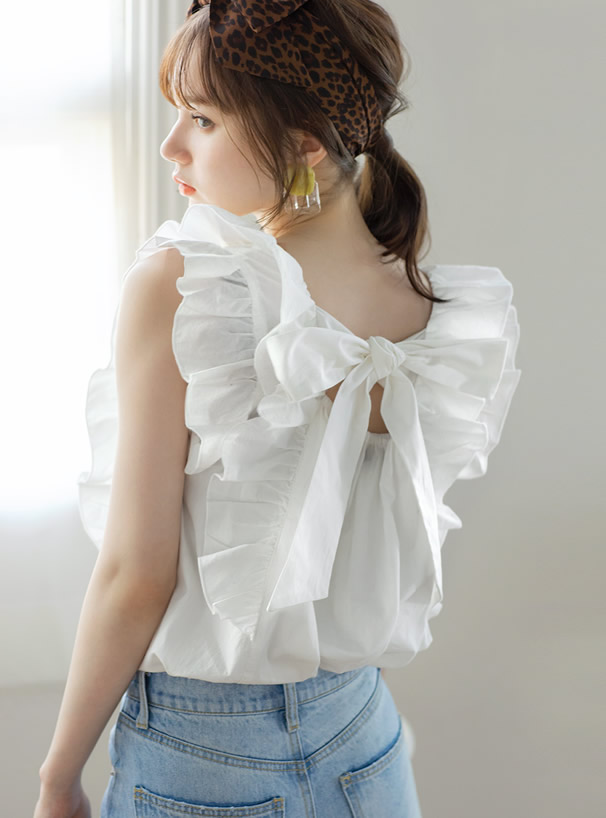 バックリボンドット刺繍フリルシャツ