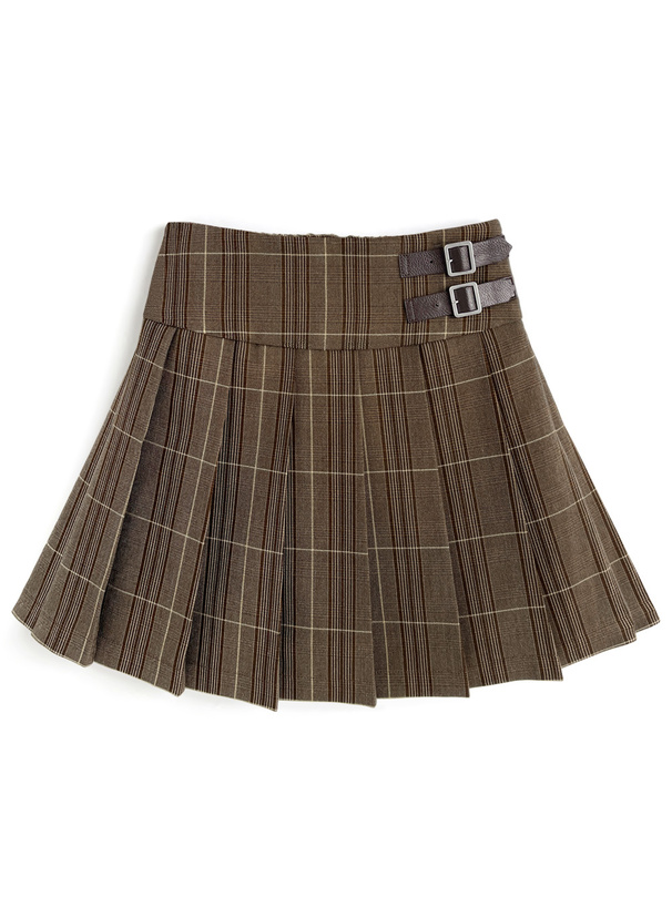 インパン裏地付きチェック柄ベルトプリーツミニスカート[al319]