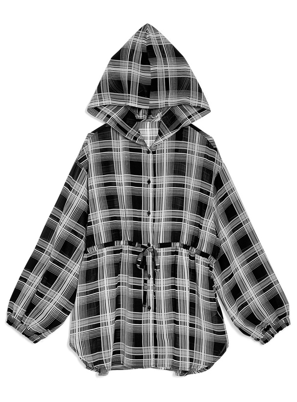 フード付きチェック柄シアーチュニック