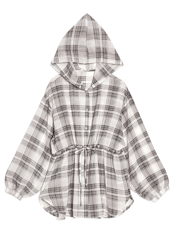 フード付きチェック柄シアーチュニック