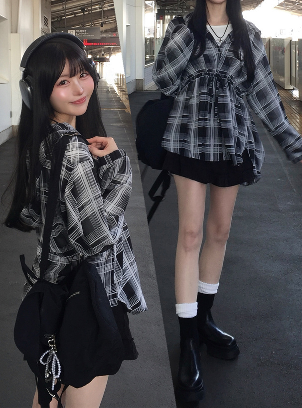 フード付きチェック柄シアーチュニック