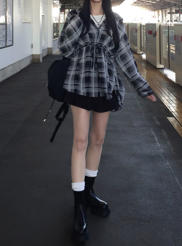 フード付きチェック柄シアーチュニック