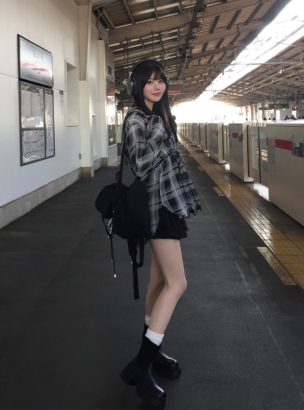 フード付きチェック柄シアーチュニック