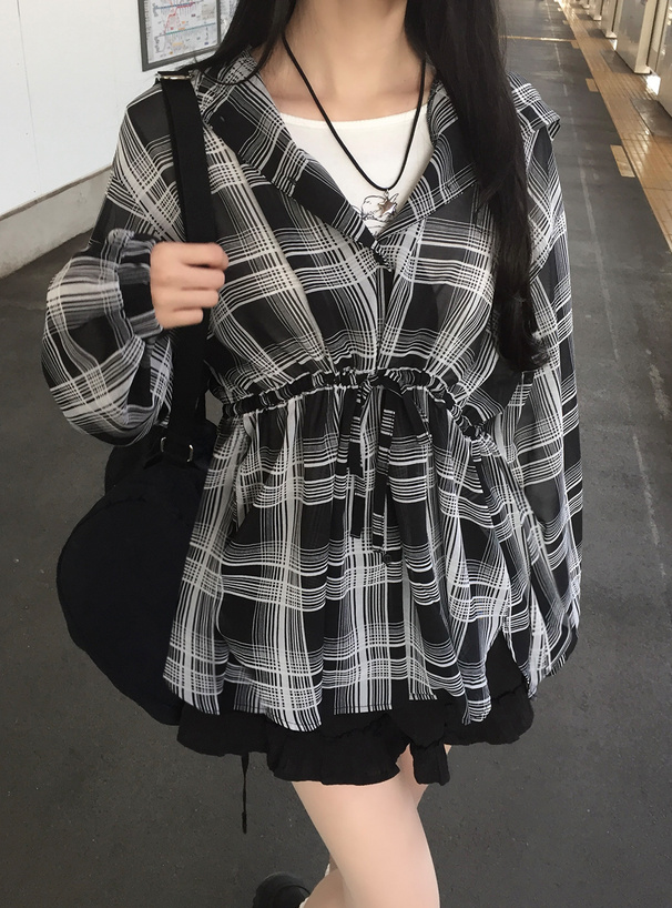 フード付きチェック柄シアーチュニック