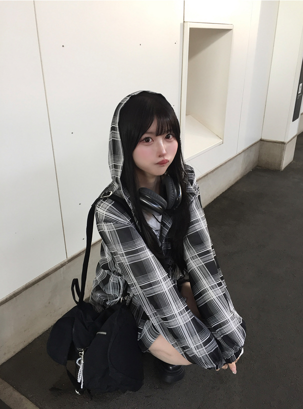 フード付きチェック柄シアーチュニック