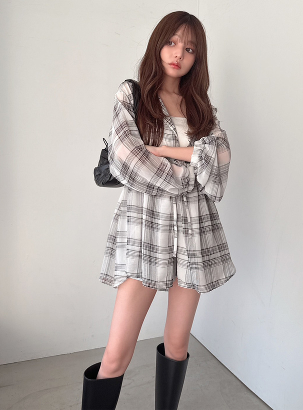 フード付きチェック柄シアーチュニック