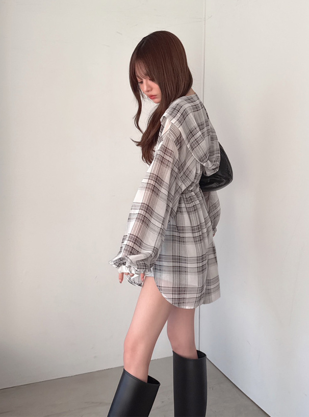フード付きチェック柄シアーチュニック