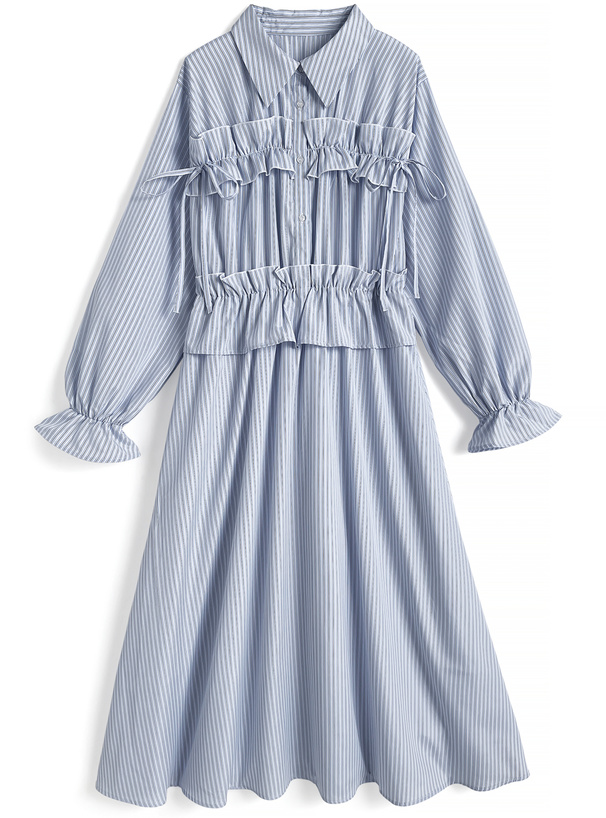 ストライプ柄フリルリボン配色ワンピース