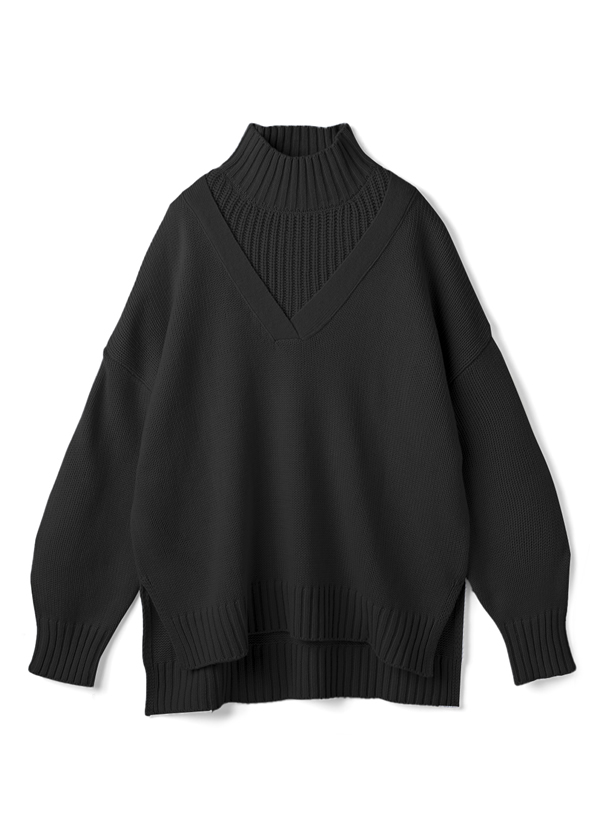 レイヤード風前後差ヘムサイドスリットニットトップス