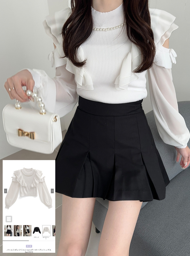 パールリボンフリルショルダーオープントップス