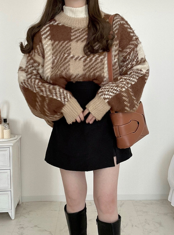 チェック柄ニットトップス