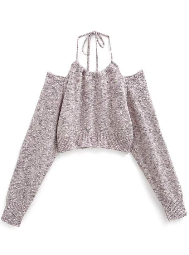 オープンショルダーホルターネックニットトップス