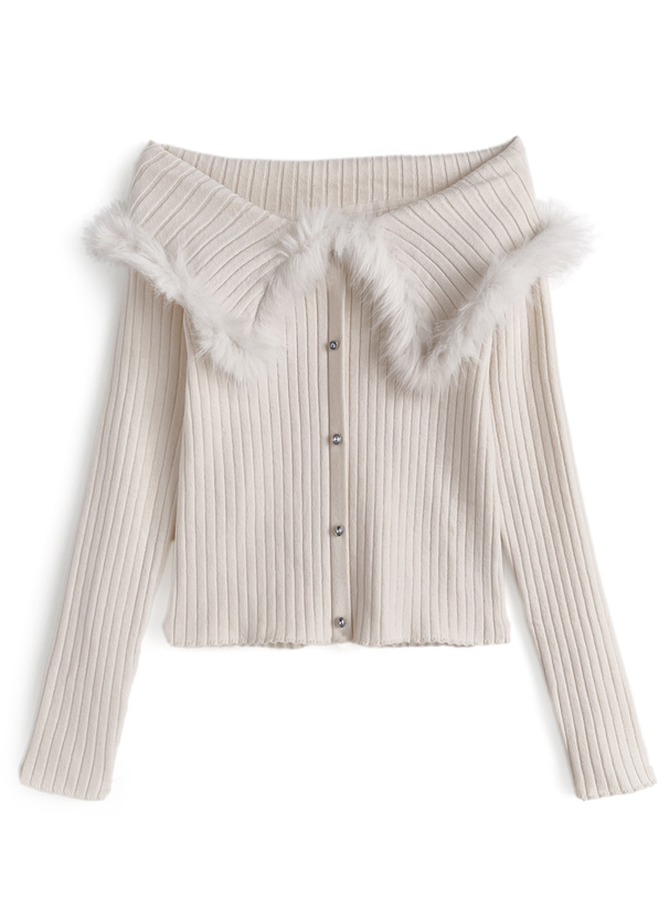 ファーオフショルダーニットトップス