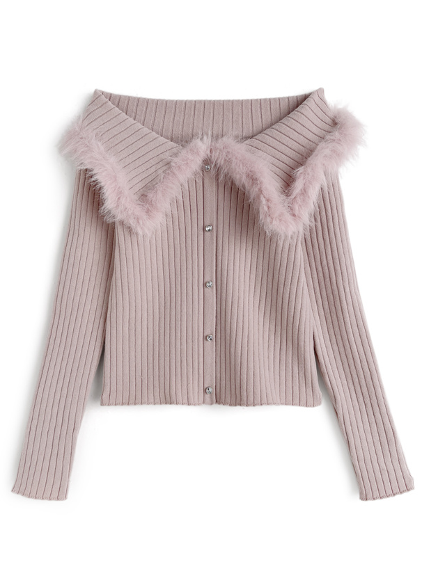 ファーオフショルダーニットトップス