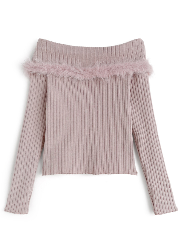 ファーオフショルダーニットトップス