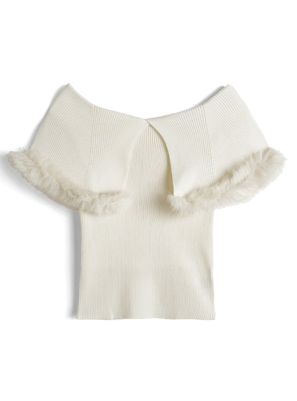 ファー付きビッグカラーノースリーブニットトップス