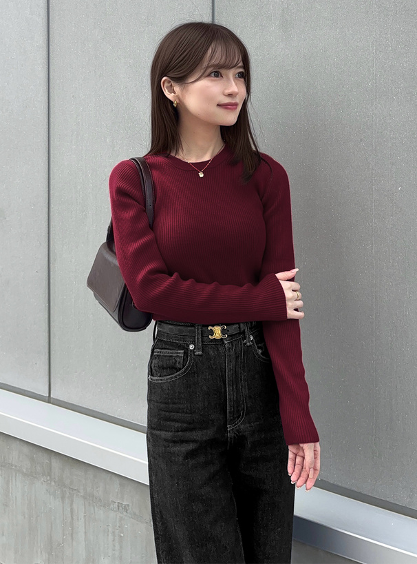 クルーネックリブニットトップス