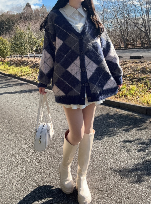 アーガイル柄オーバーサイズニットカーディガン