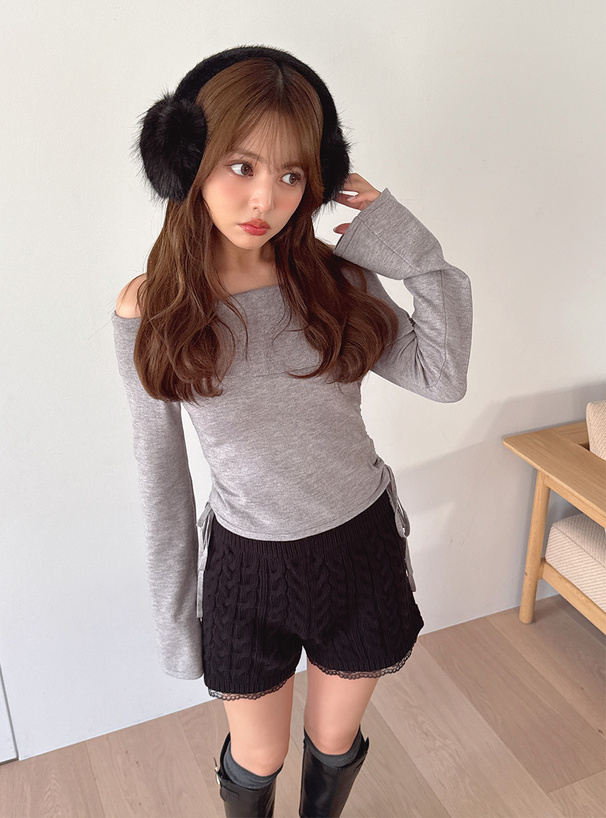 レースケーブル編みニットショートパンツ