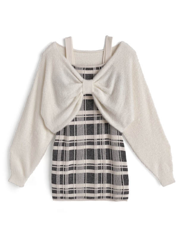 リボンシャギートップス×チェック柄キャミソールミニワンピースニットセットアップ