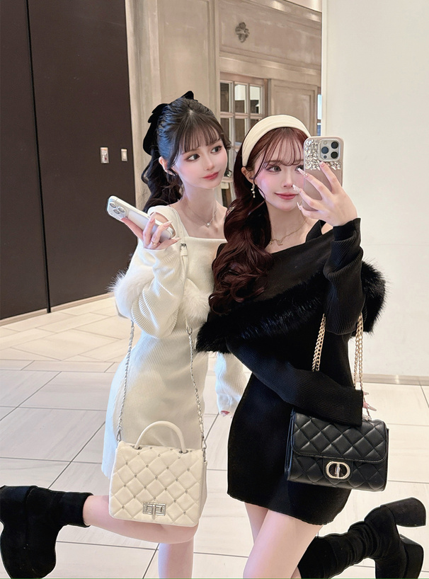 ファーオフショルダーニットミニワンピース[an1719] | レディース